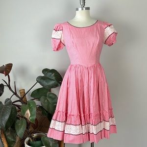 Vintage 60’s Handmade Puffy Sleeve Pink Gingham Full Square Dance Midi Dress
